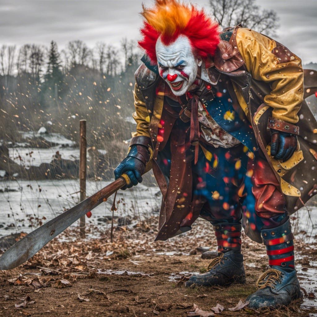 Menacing Clown with Chainsaw in Autumn Landscape