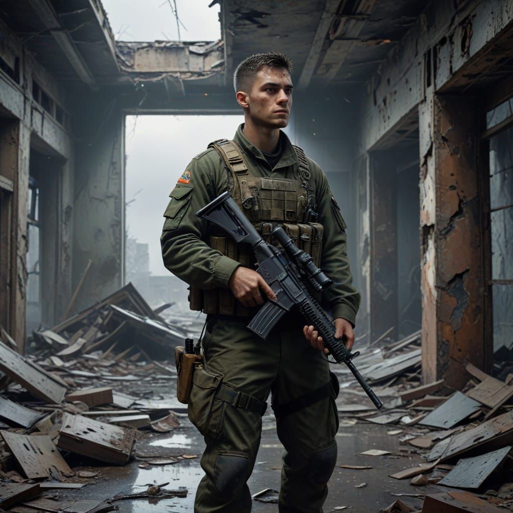 Cyberpunk Soldier in Ruins, Hyper-Realistic Digital Art