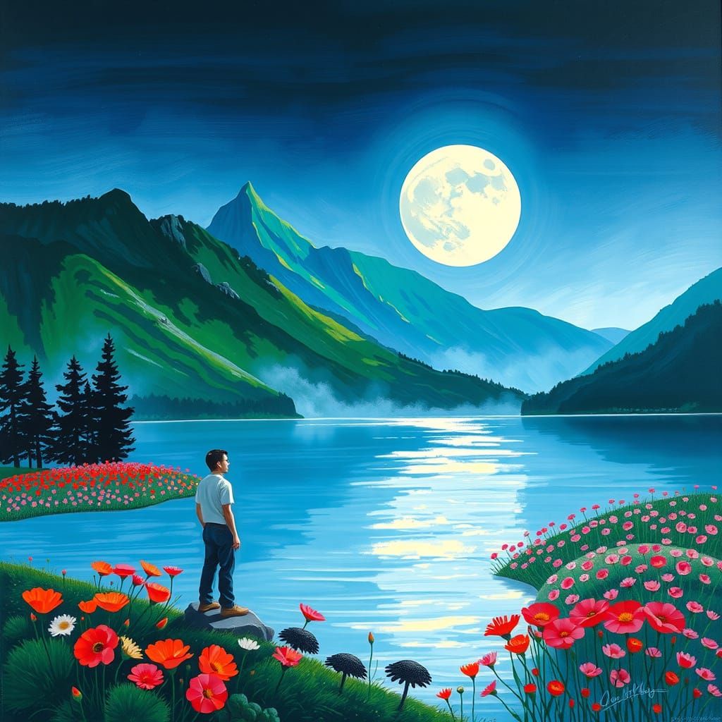Impressionistic Moonrise Over Silver Lake and Flowers