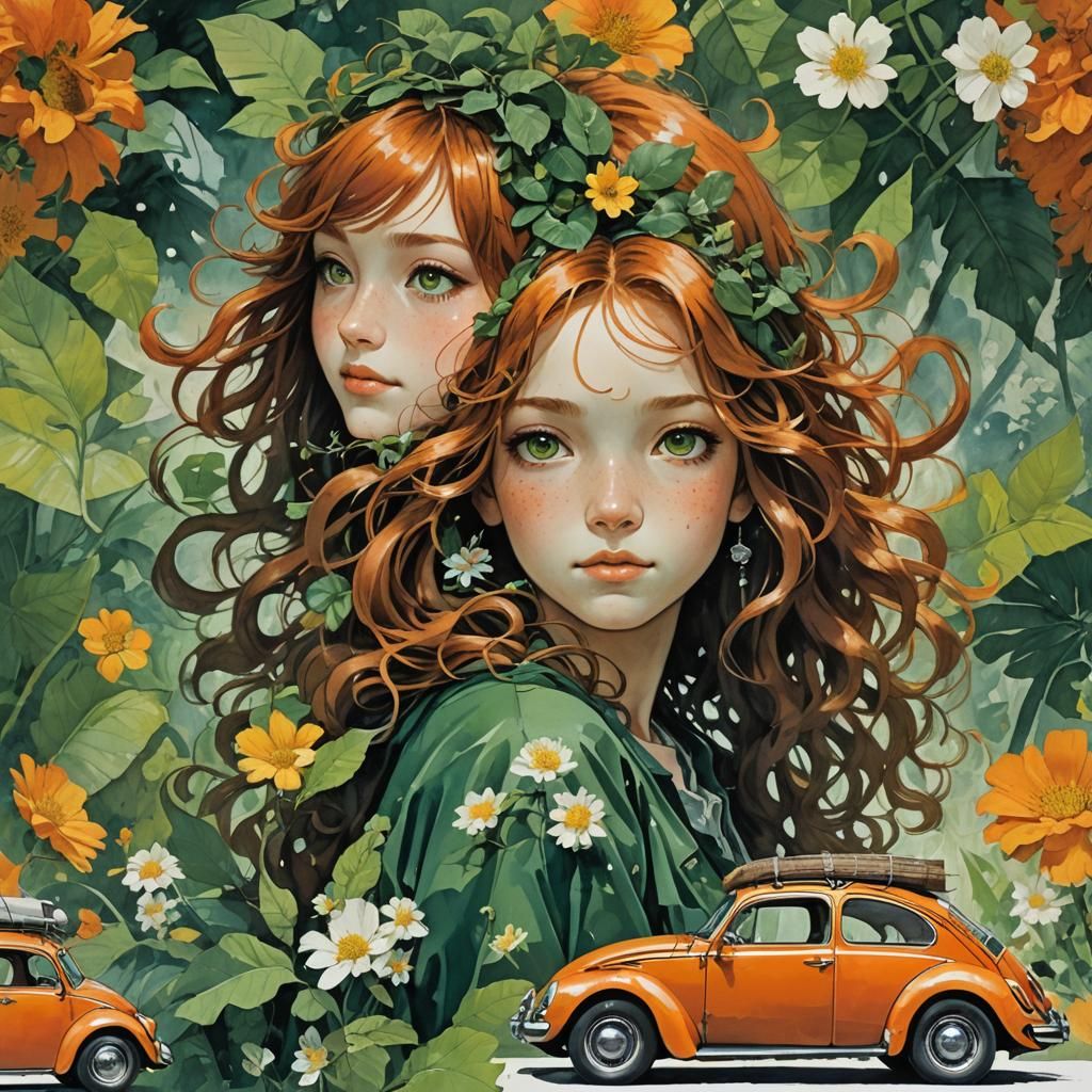 Groovy 1968 Beetle with Hippie Girl, Watercolor Style