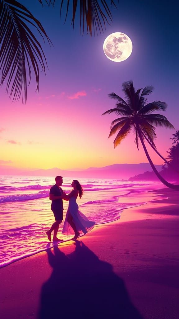Neon Beach at Dusk: A Dancing Couple's Dream