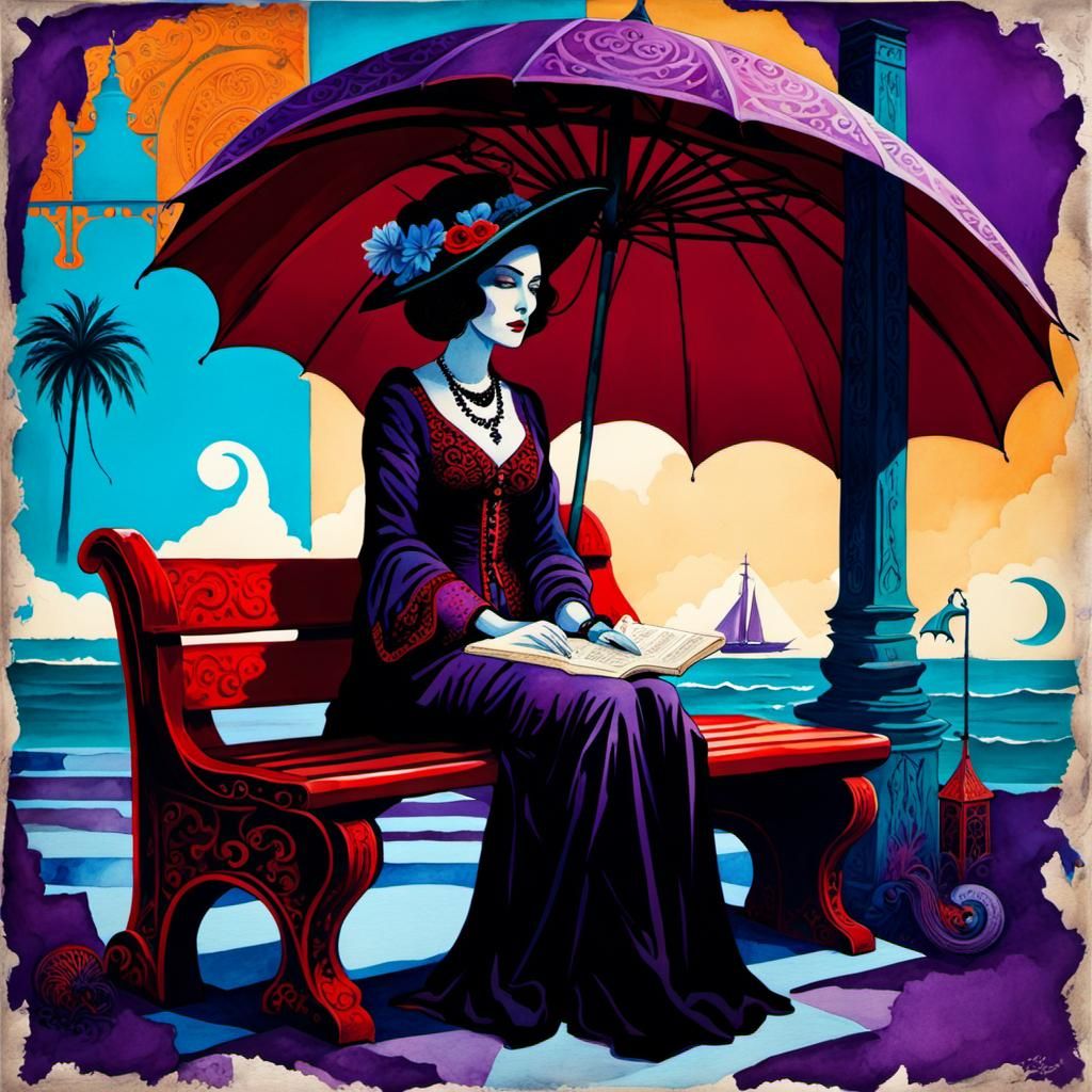 Gothic Woman on Red Bench in Neonpunk Style