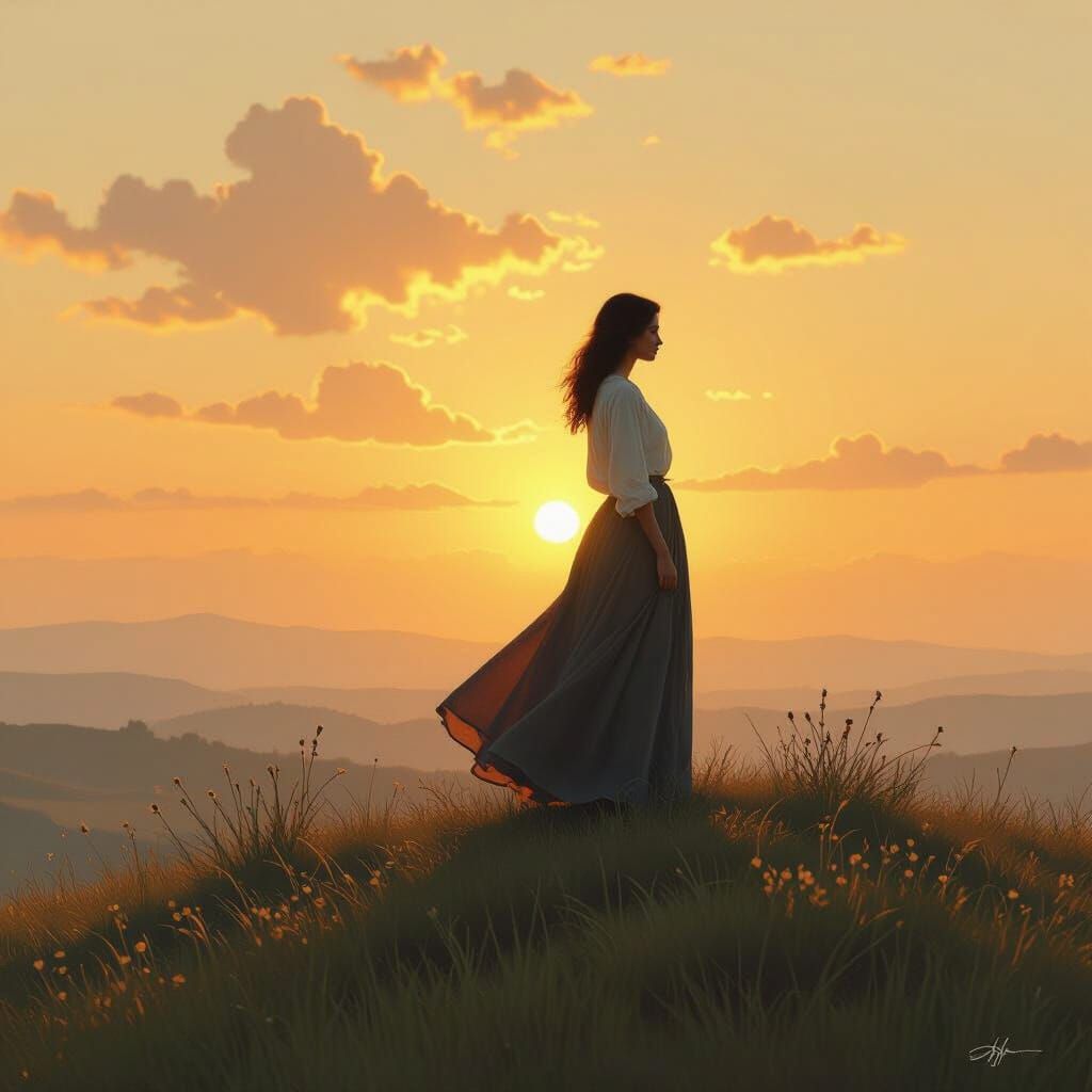 Nostalgic Woman at Sunset in Dreamy Style