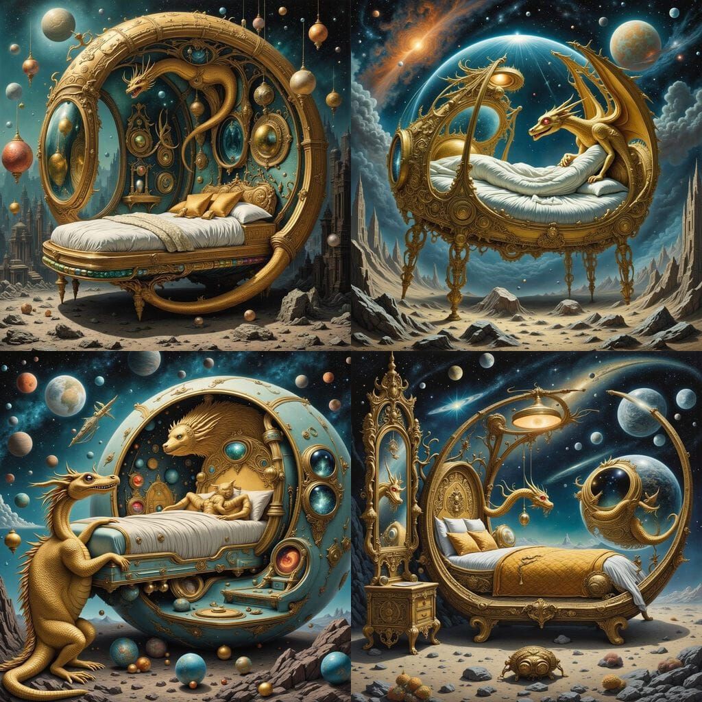 Surreal Futuristic Space Capsule with Golden Dragon Guardian