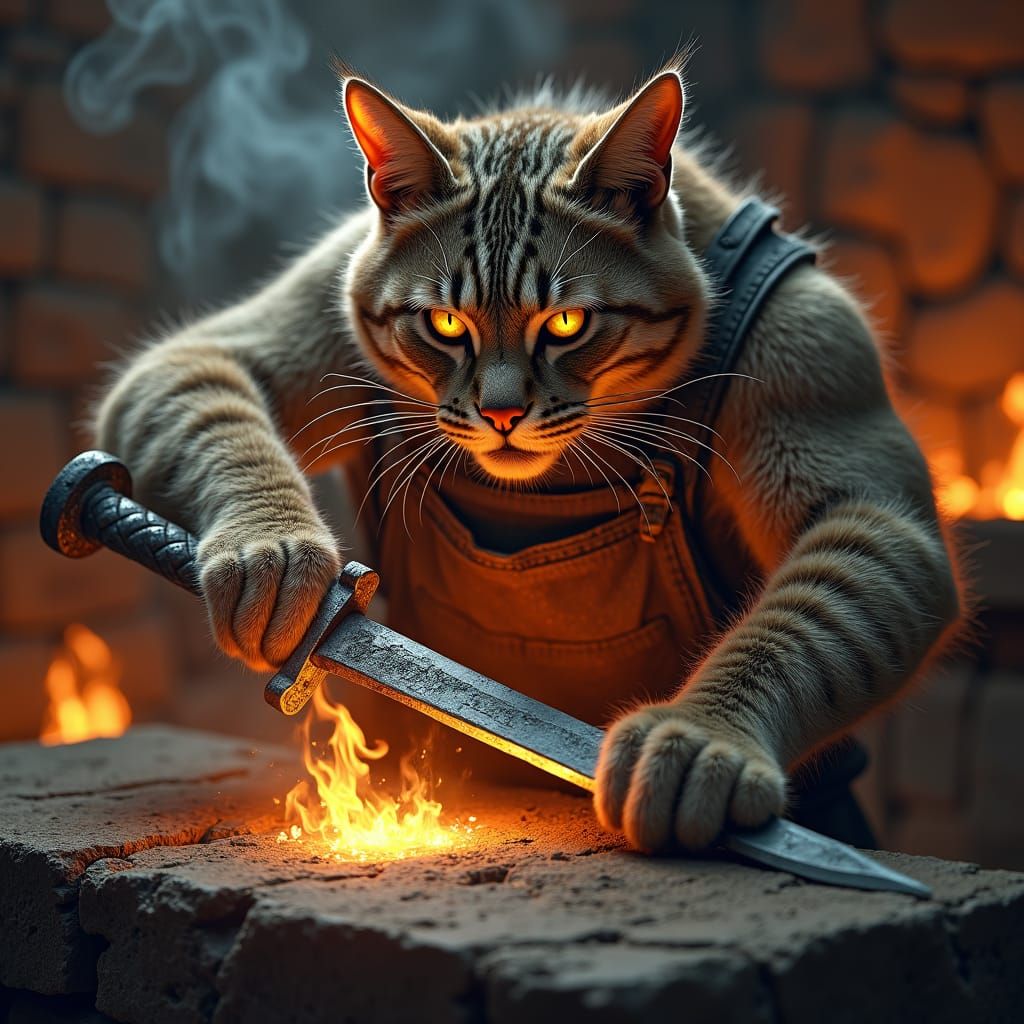 Muscular Tabby Cat Blacksmith Forging Sword