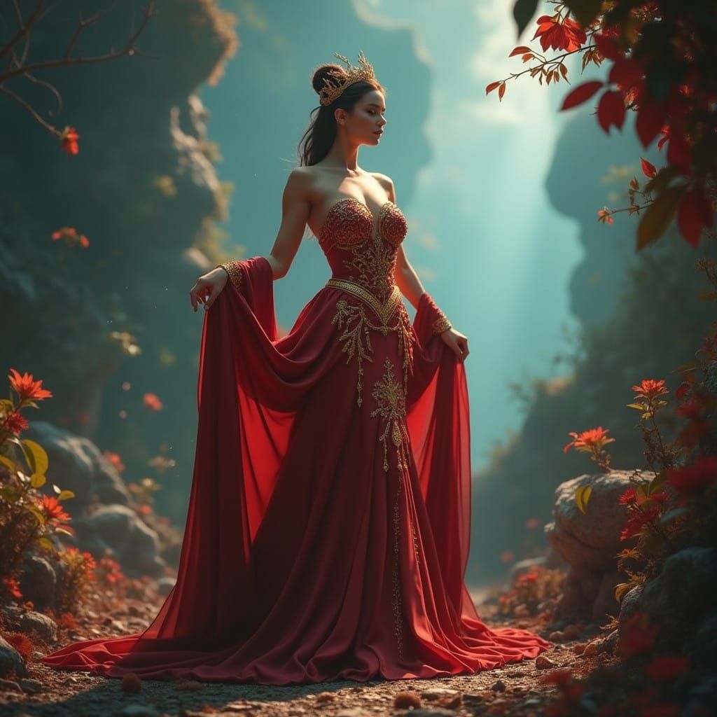 Regal Red Goddess in Dreamlike Fantasy Realm