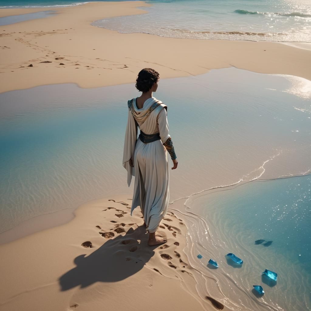 Woman in Atreides White on Blue Shore: Fantasy Art