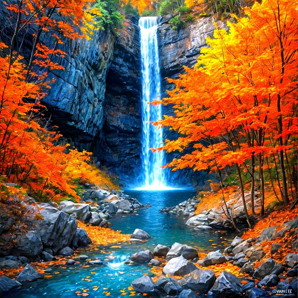 Lone Wolf by Autumn Waterfall in Watercolor Style