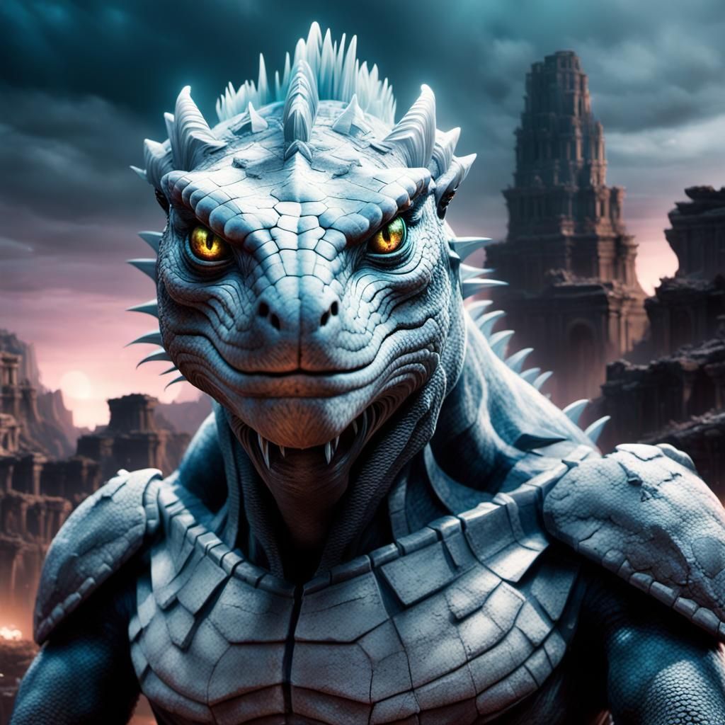 Lizard-Man Hybrid in Ruined City, Digital Matte Painting