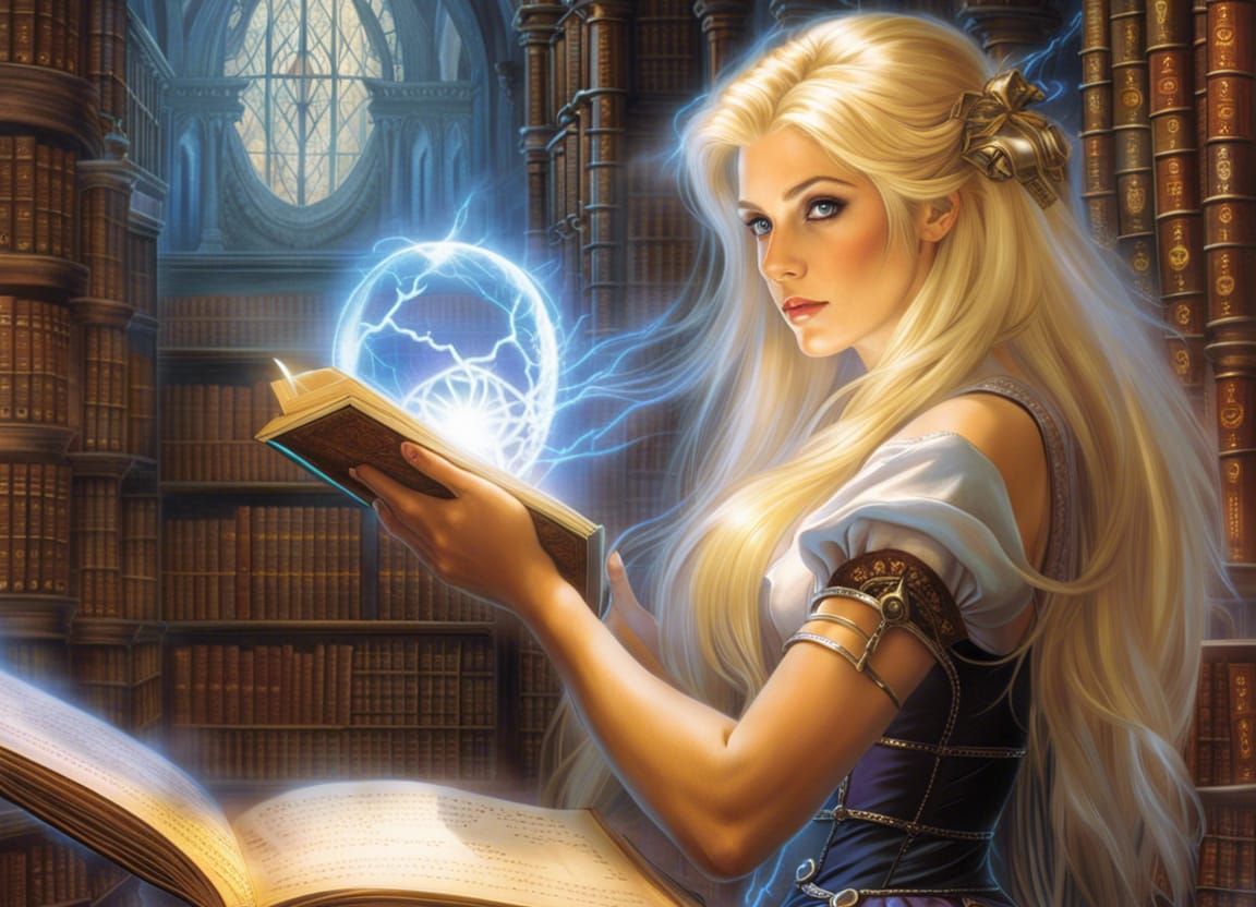Blond Witch Studying in Magic Library