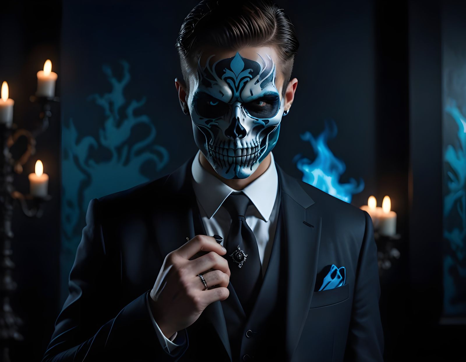Formal Portrait with Skull Mask in Blue Fire