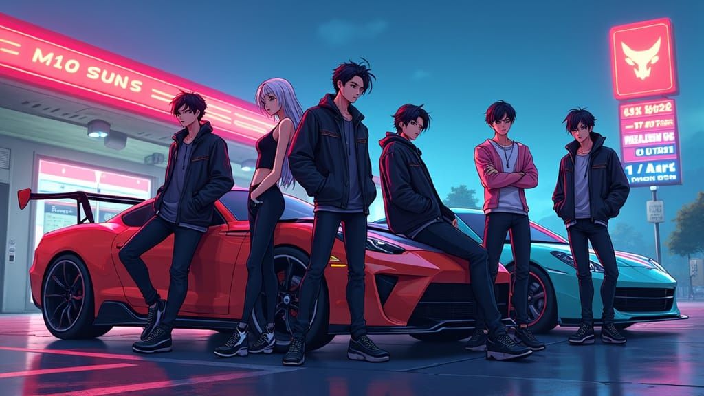 Cyberpunk Racing Crew Poses in Manga Style
