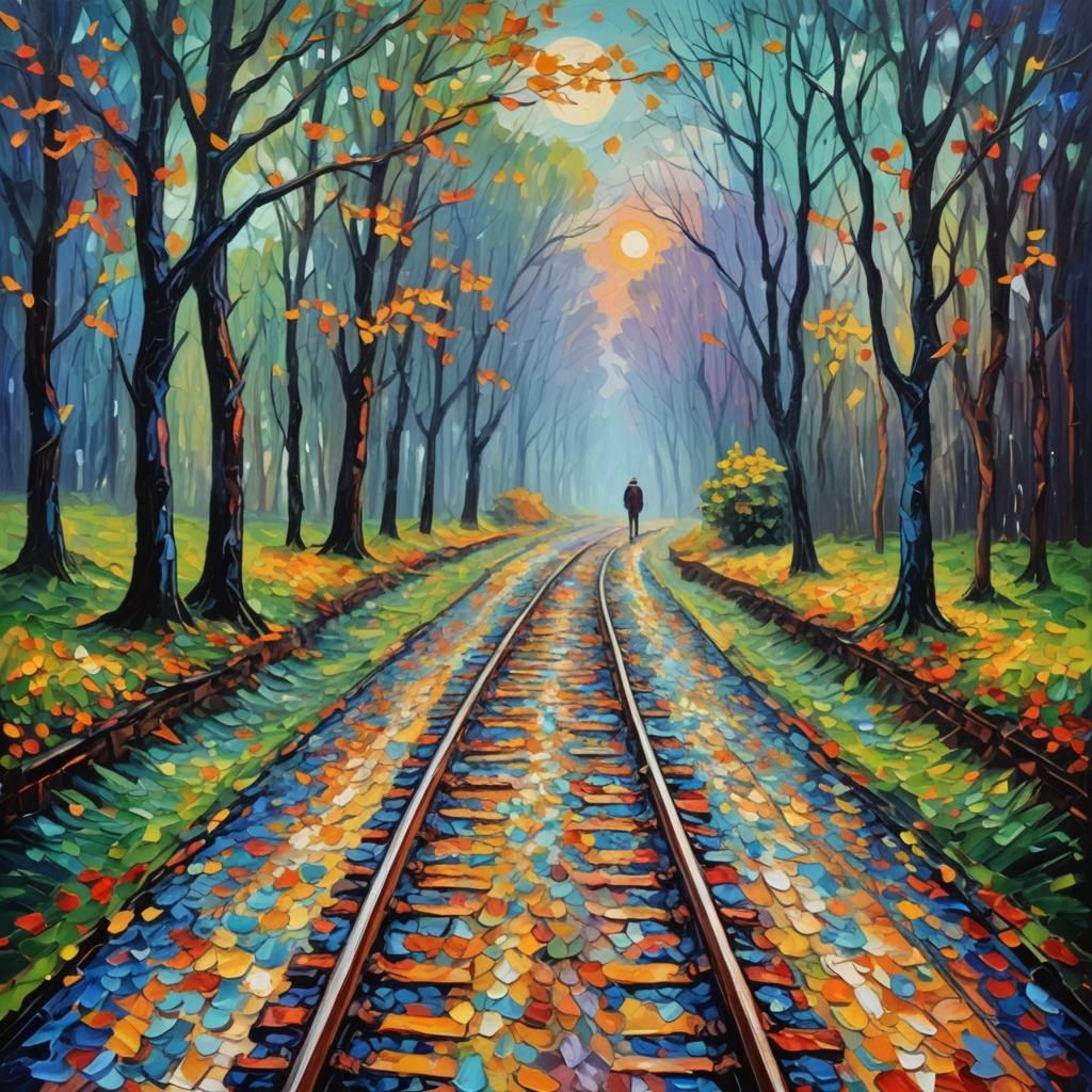 Expressionist Train Tracks at Night as Impasto Painting