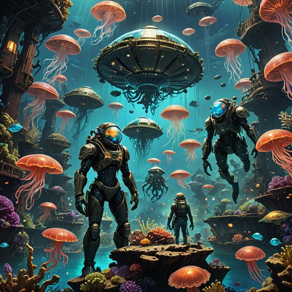 Merfolk Explore Sunken Treasure in Bioluminescent Coral