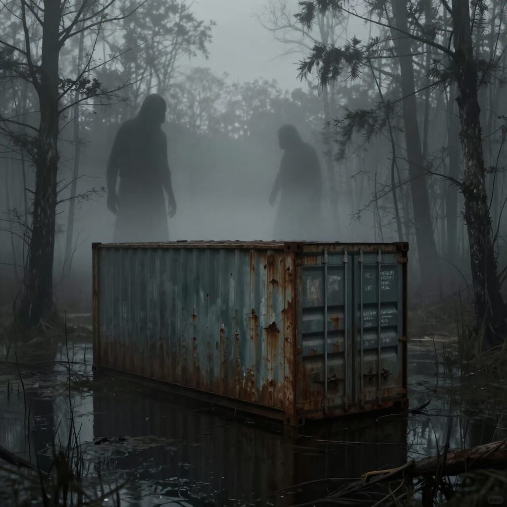 Gloomy Swamp at Twilight with Shadow Figures