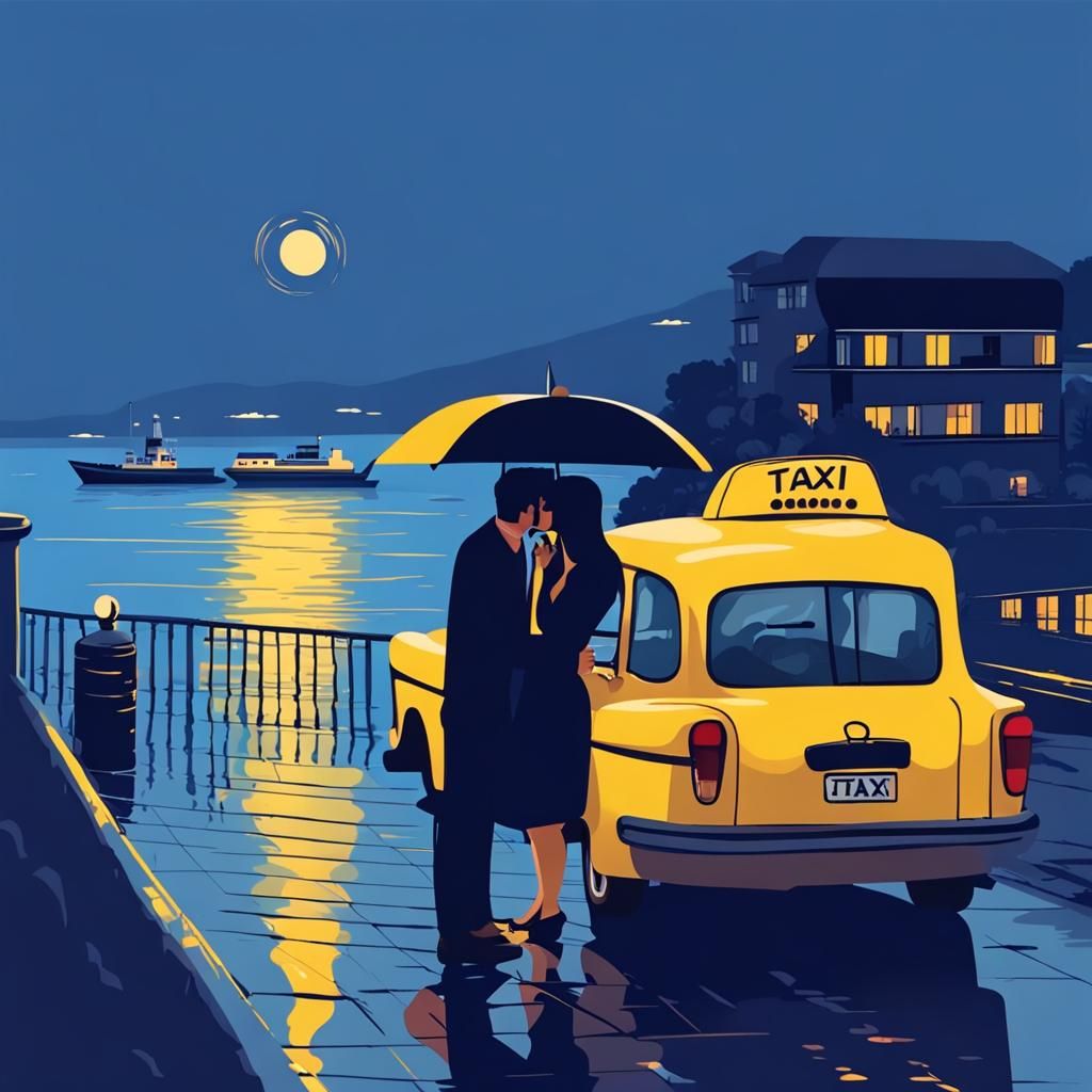 Romantic Kiss in Rainy Blue Night Scene