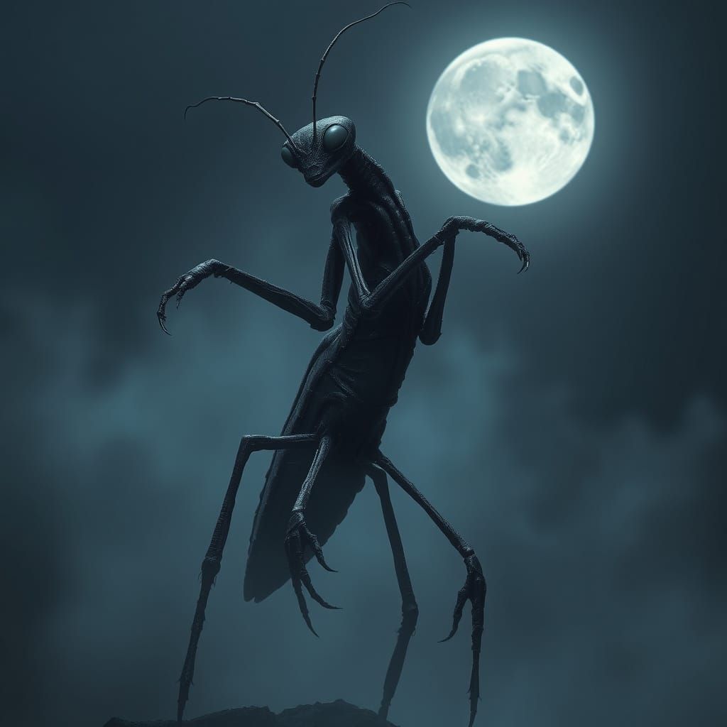 Gothic Mantis Hybrid Under Dark Moonlight