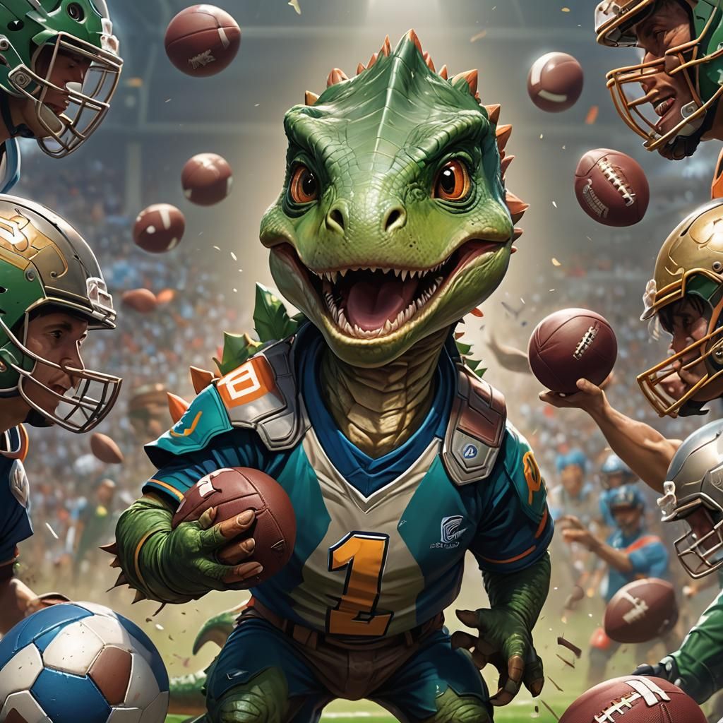 Cute Baby Dinosaur Football Player: Hyperdetailed Portrait