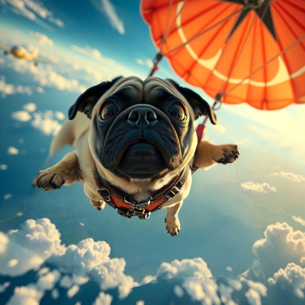 Pug Dog's Terrifying Skydive: Vintage Illustration