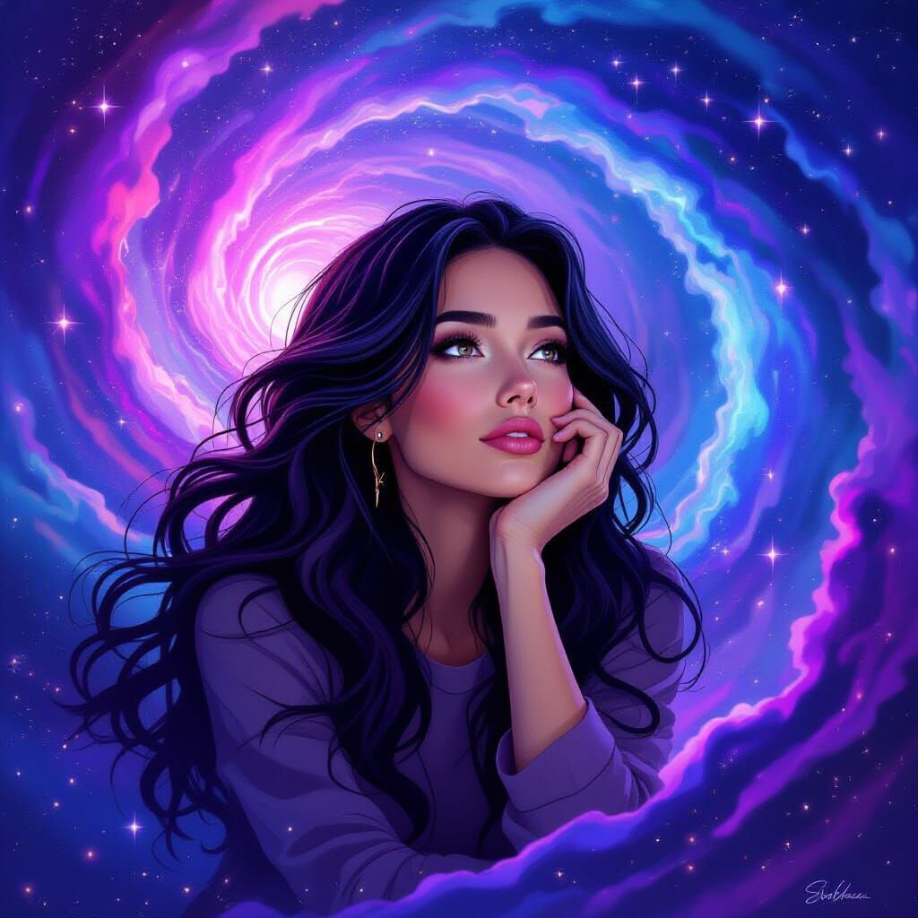 Cosmic Dreamscape: Woman in Galaxy Vortex
