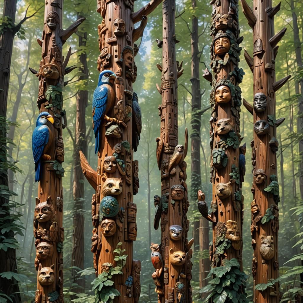 Glamorous Glass Figures Admiring Hand-Carved Totem Pole