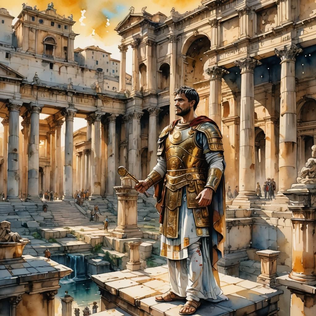 Roman Imperator in Sunlit Forum: Watercolor Illustration