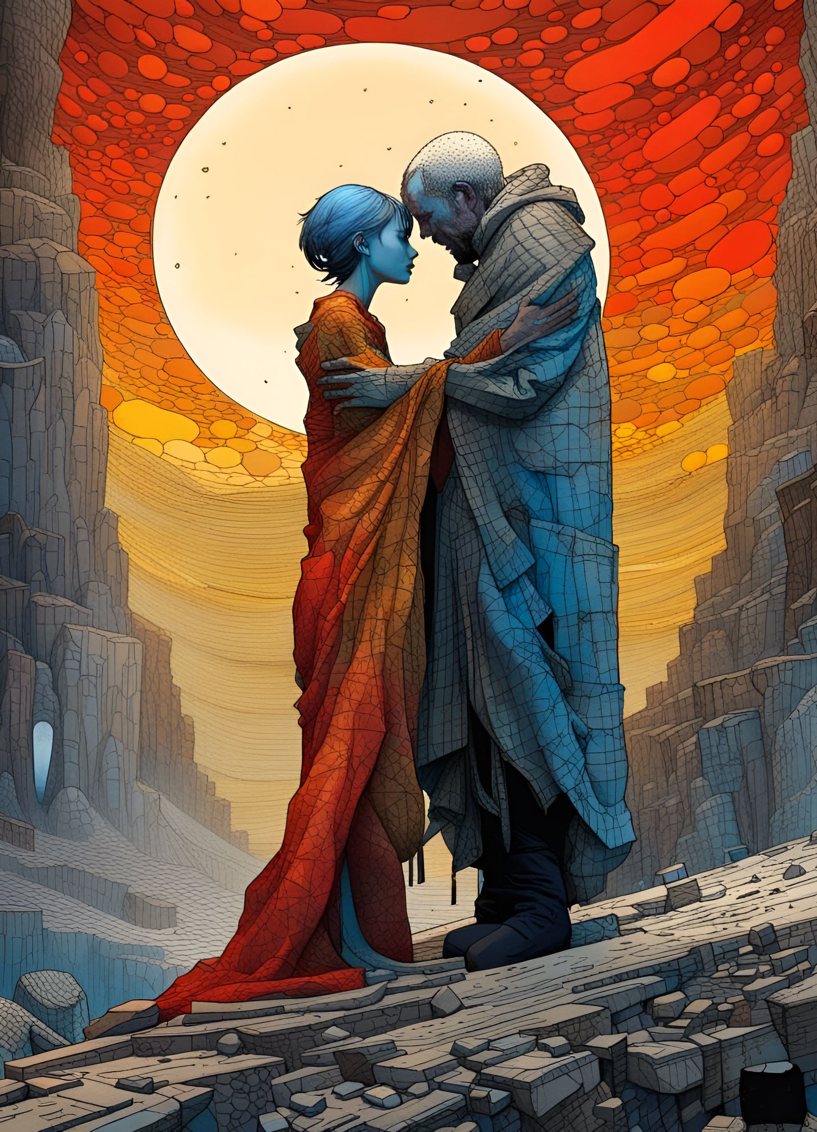 Surreal Cliffside Embrace Under Moonlight