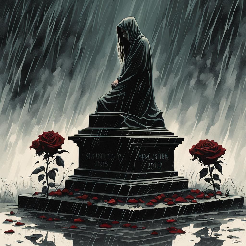 Sad Woman Silhouette at Gravestone in Rain
