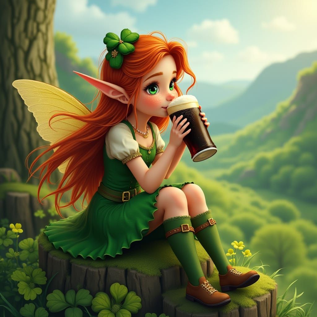 Fairy Sits on Shamrock in Irish Landscape