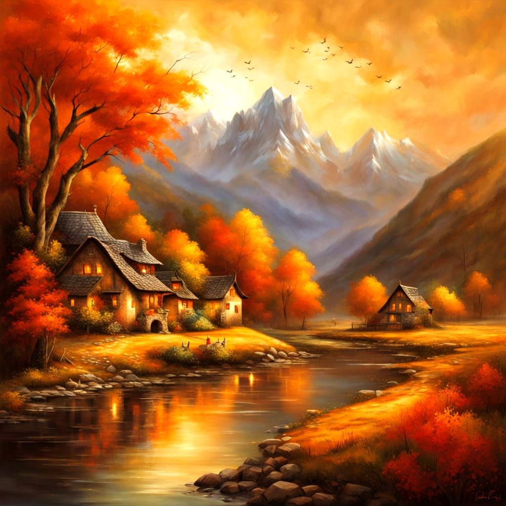 Autumn Village River Valley at Sunset Oil Painting