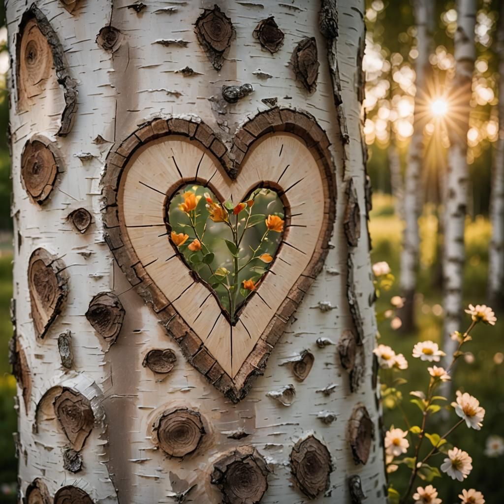 Birch Trees in Summer with Heart Carving