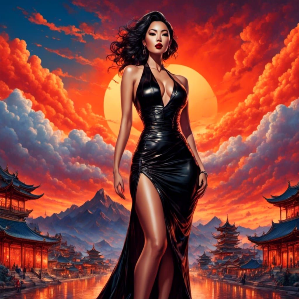 Beautiful Woman in Leather Dress at Sunset