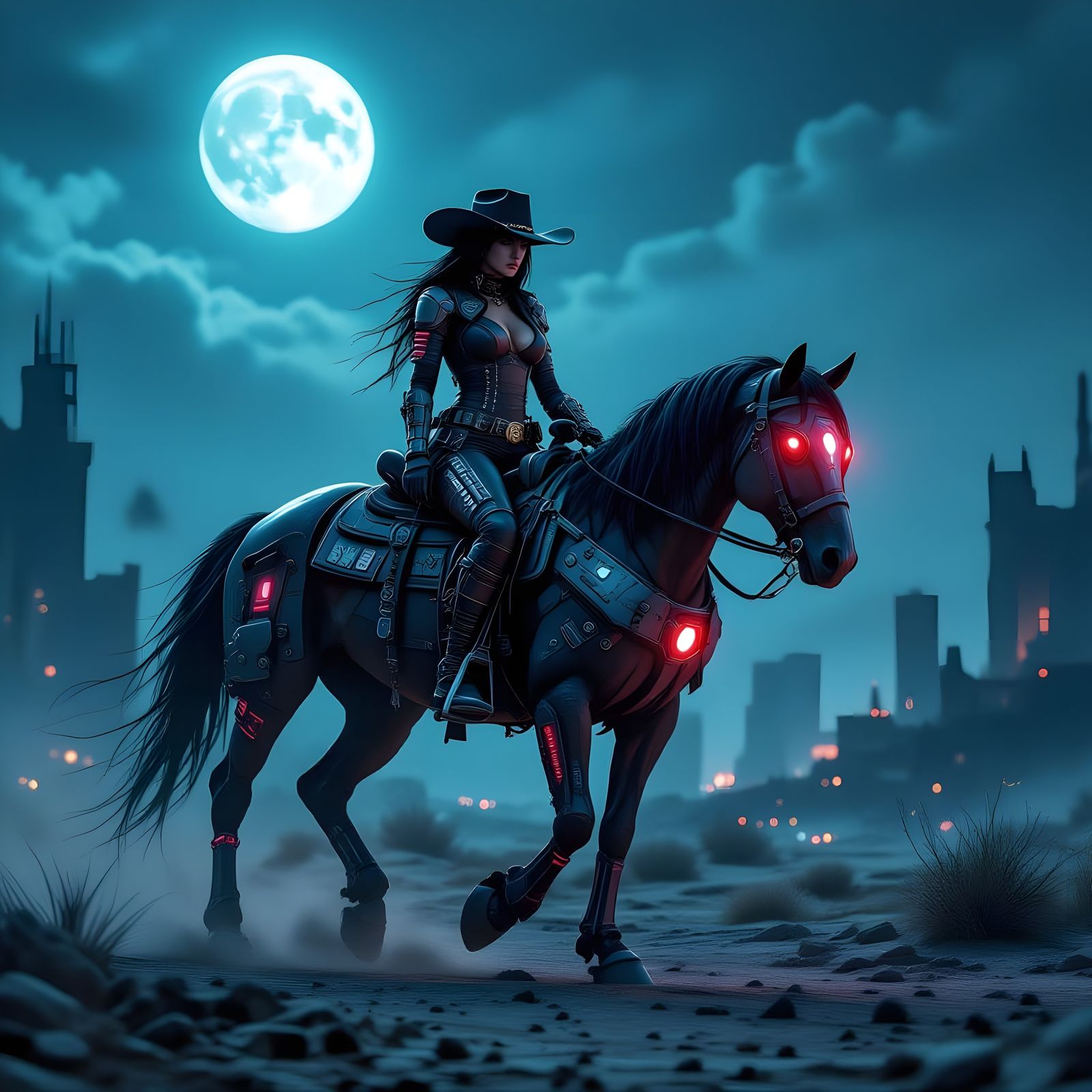 Cyberpunk Cowgirl Rides Cybernetic Horse Through Wasteland