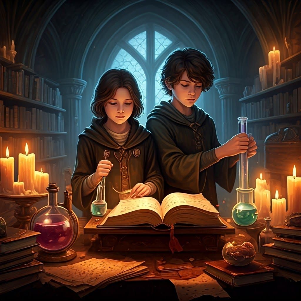 Young Wizards Prepare Magical Potion in Mysterious Chamber