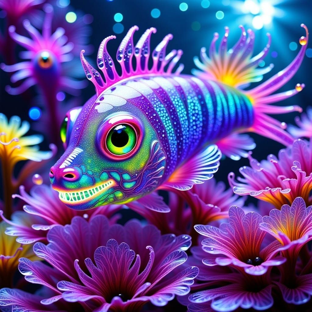 Iridescent Bioluminescent Fish in a Shimmering Glass Coral R...