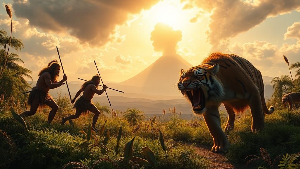 Neanderthal Hunters in Prehistoric Landscape, Photorealistic...