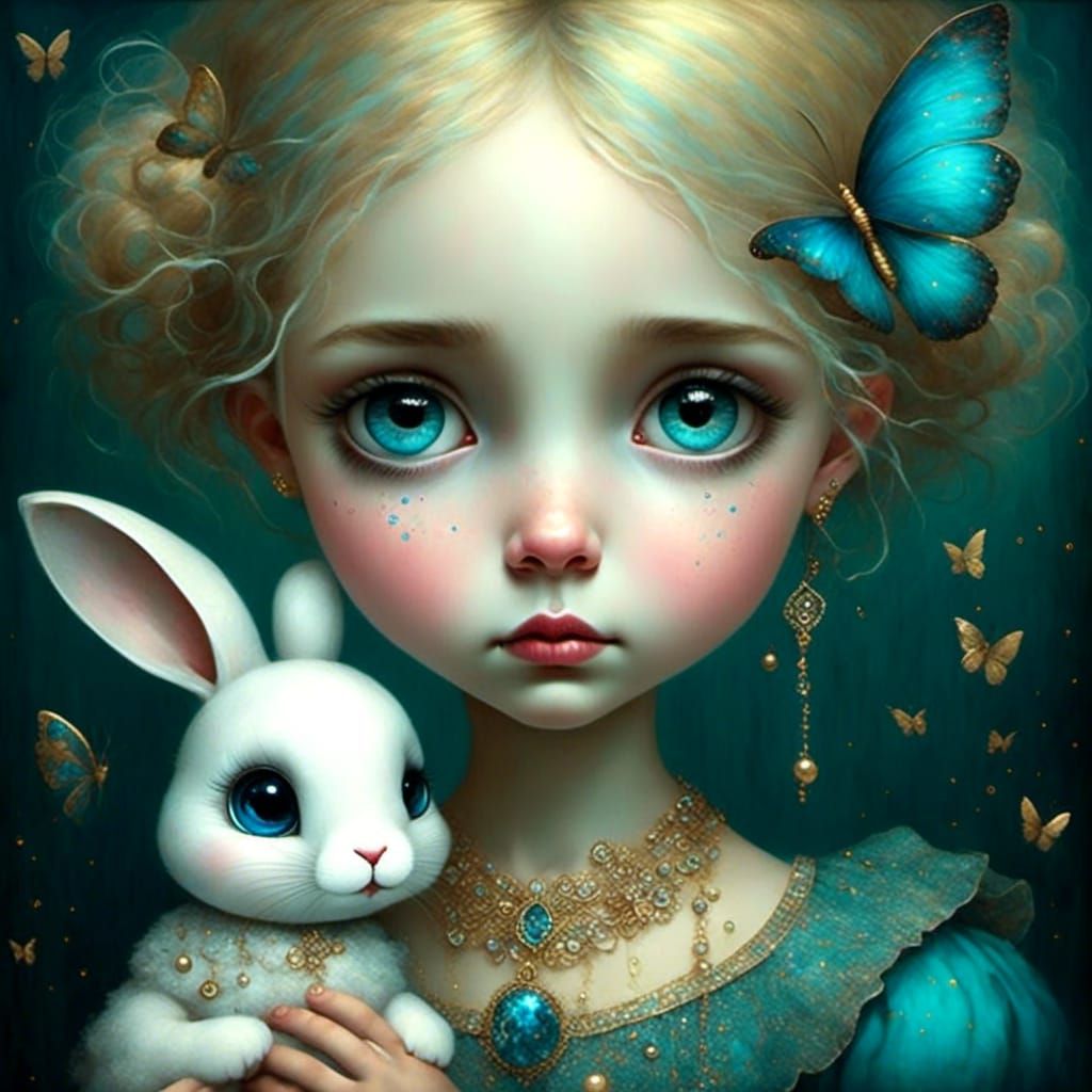 Sad Girl with Bunny and Gold Sparkles