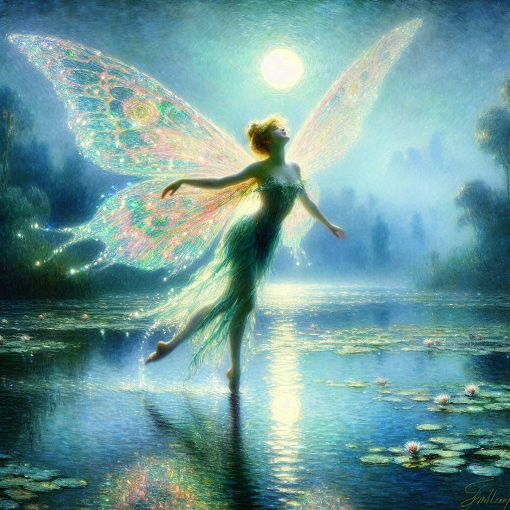 Fairy Dancing on Moonlight Beam in Impressionist Style