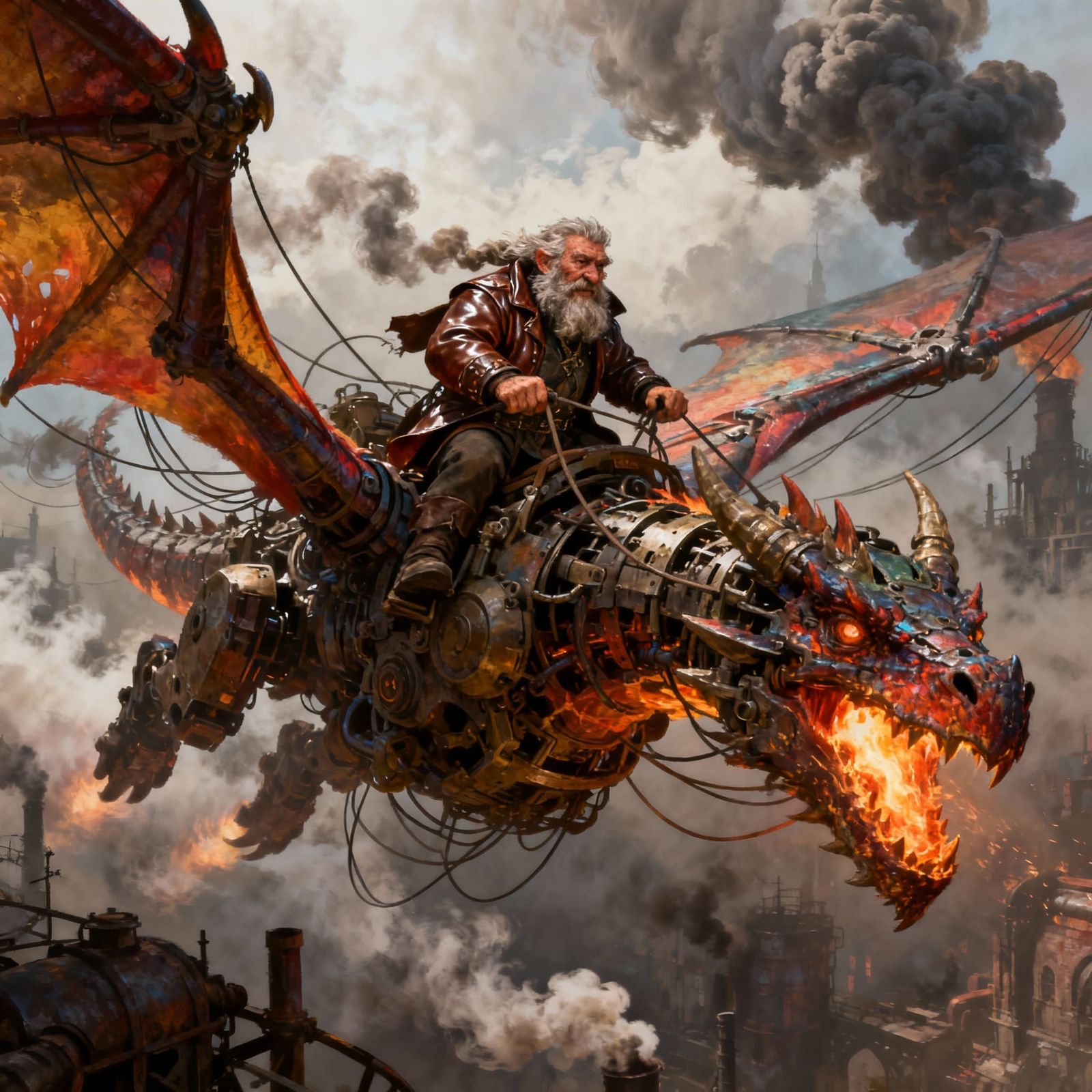 Dwarven Mech-Dragon Pilot in Smog-Choked Skies