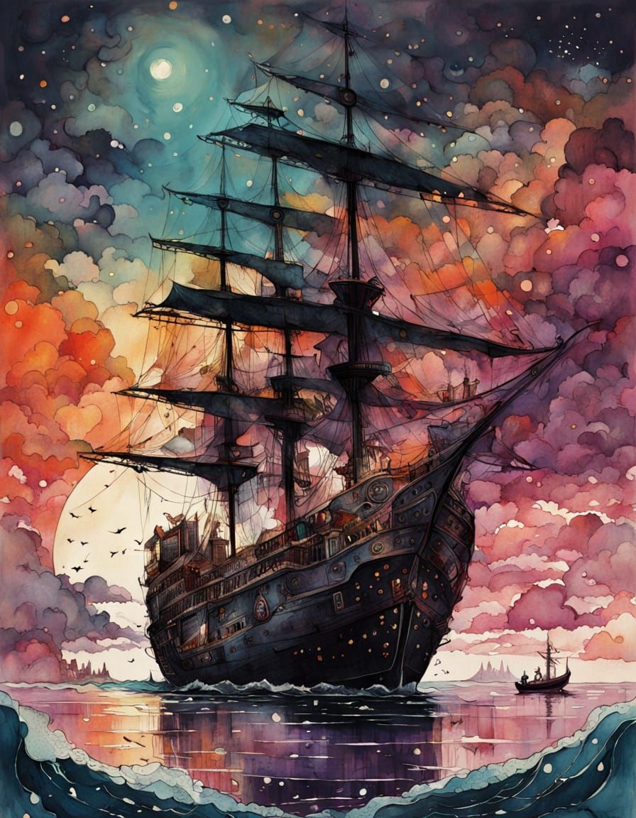 Pirate Ship Sunset in Abstract Watercolor Style