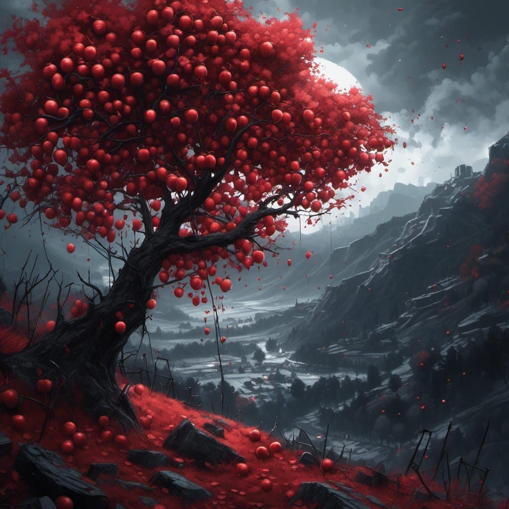 Apple Tree with Red Fruit in Watercolor Style