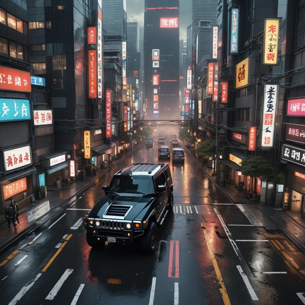 Hummer in Tokyo: Detailed Matte Painting