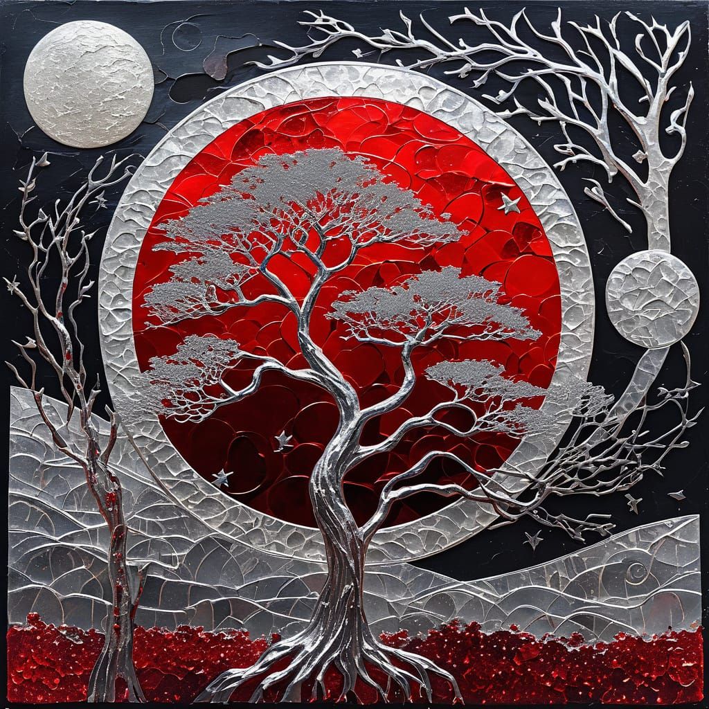 Silver Tree in Dark, Moody, Whimsical Red and Silver