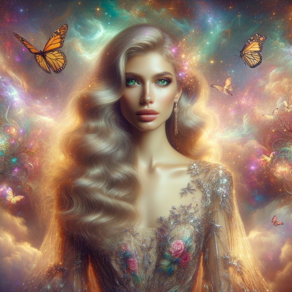 Beautiful Woman with Emerald Eyes in Cosmic Gown