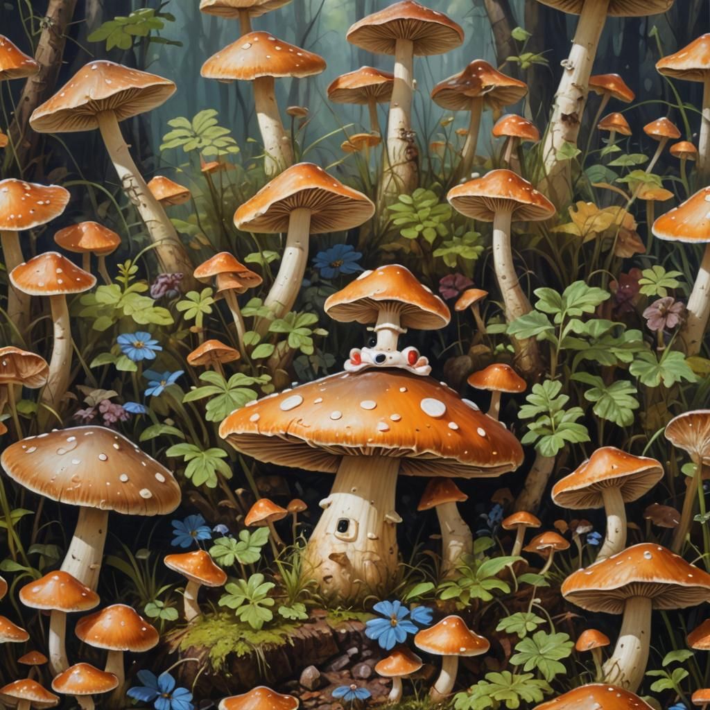 Smiling Mushroom in Oil Painting Style