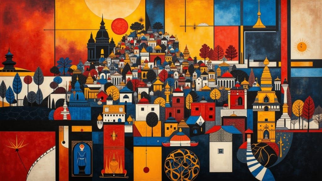 Vibrant Indian Cityscape in Mondrian Style