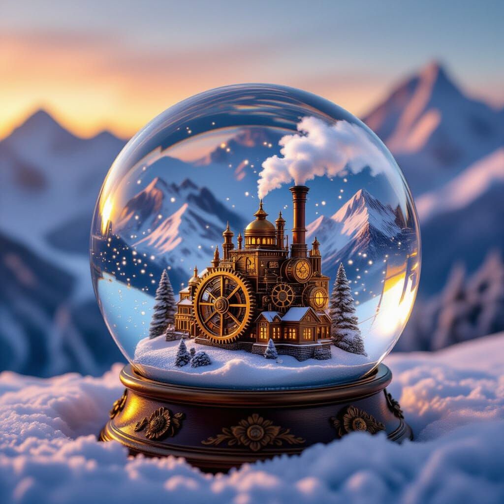 Steampunk City in Snow Globe at Sunset