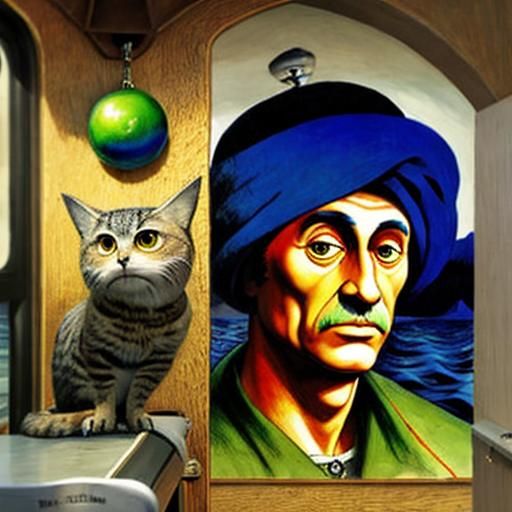 Tabby Cat and Owl Sail at Sea