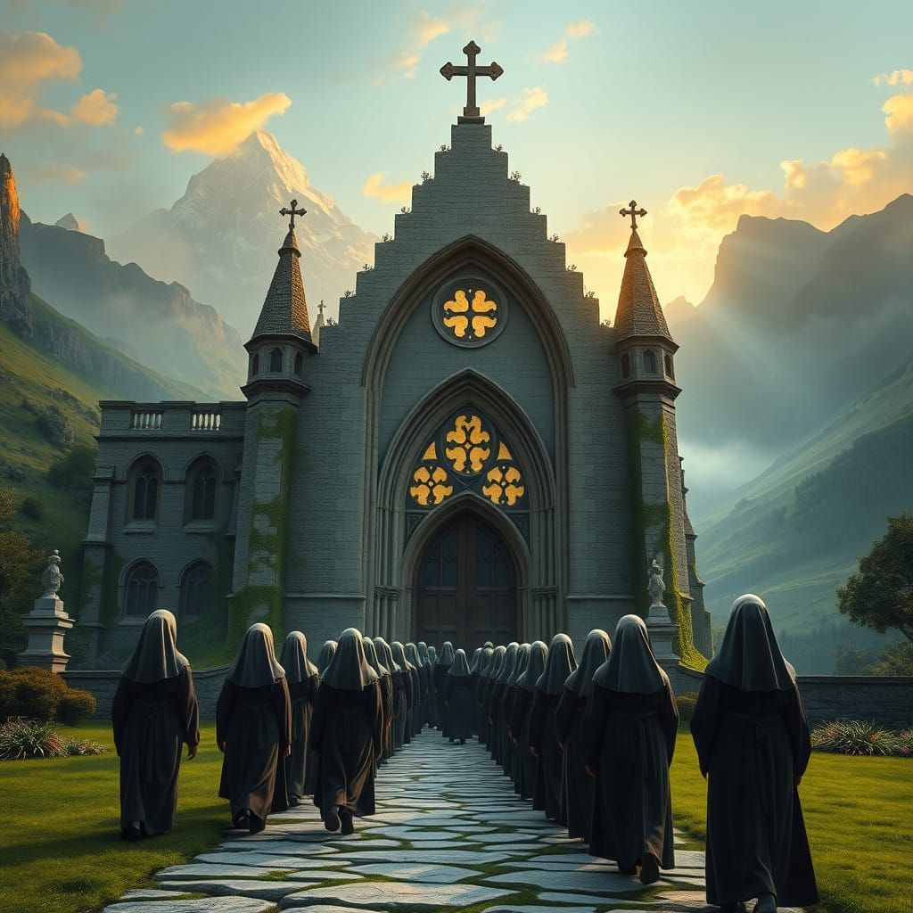 Nuns Enter a Mystical Gothic Convent Amidst Lush Emerald Lan...