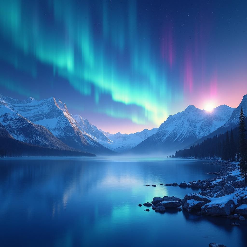 Aurora Borealis over Mountain Lake in Dreamy Style